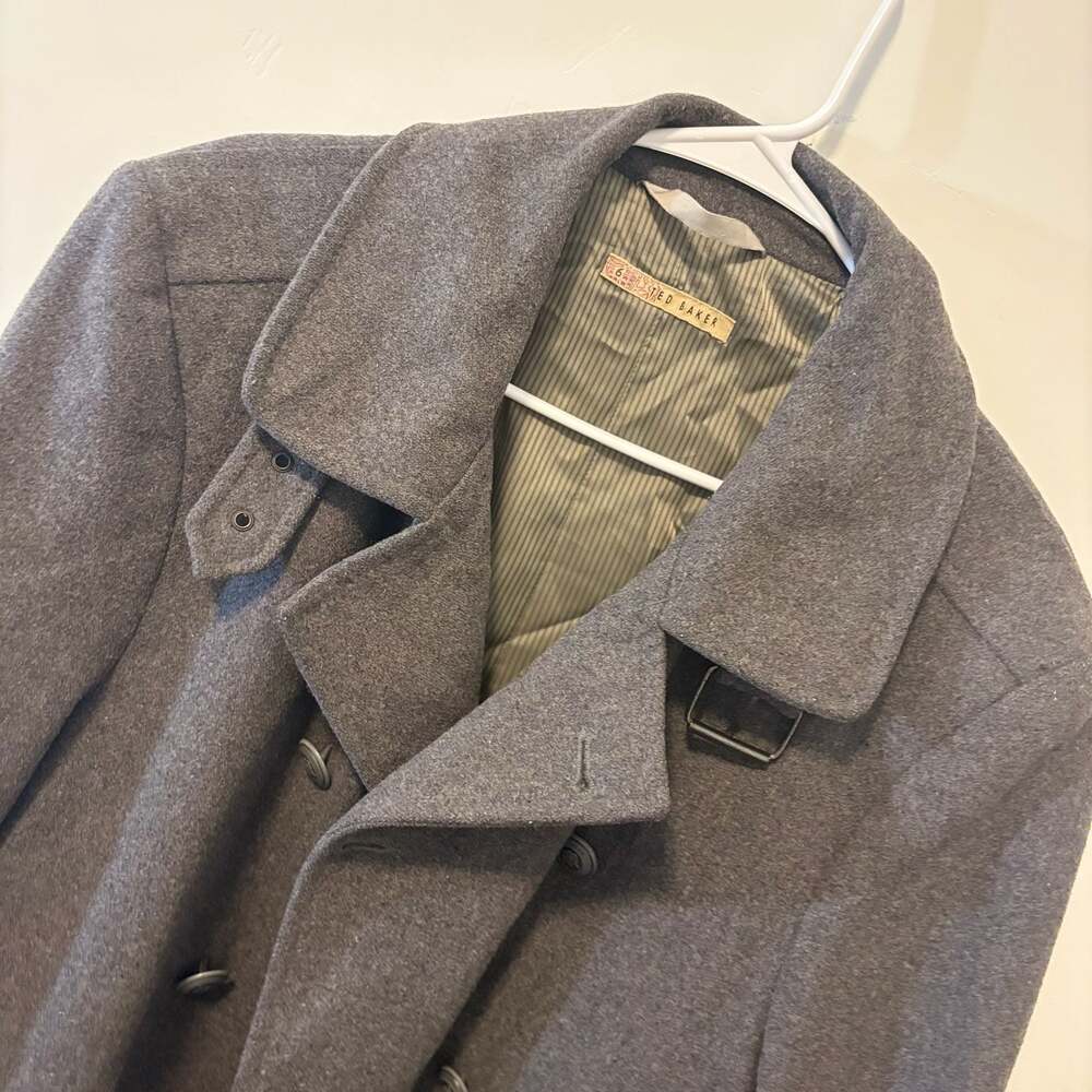 Ted Baker Men's Grey Double-Breasted Wool Blend Peacoat with Throat Latch